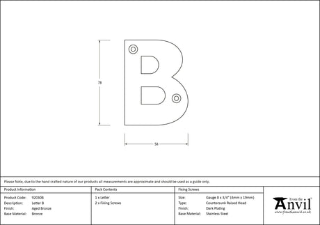 From The Anvil - Aged Bronze Letter B | Sku. 92030B | Trade Door Handles.