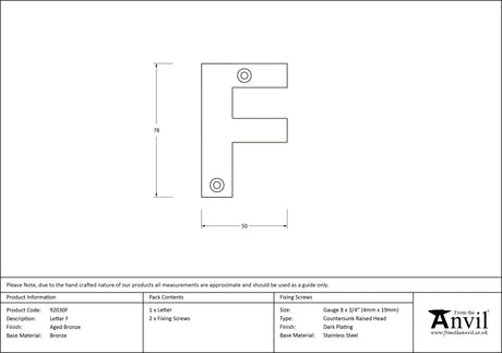 From The Anvil - Aged Bronze Letter F | Sku. 92030F | Trade Door Handles.