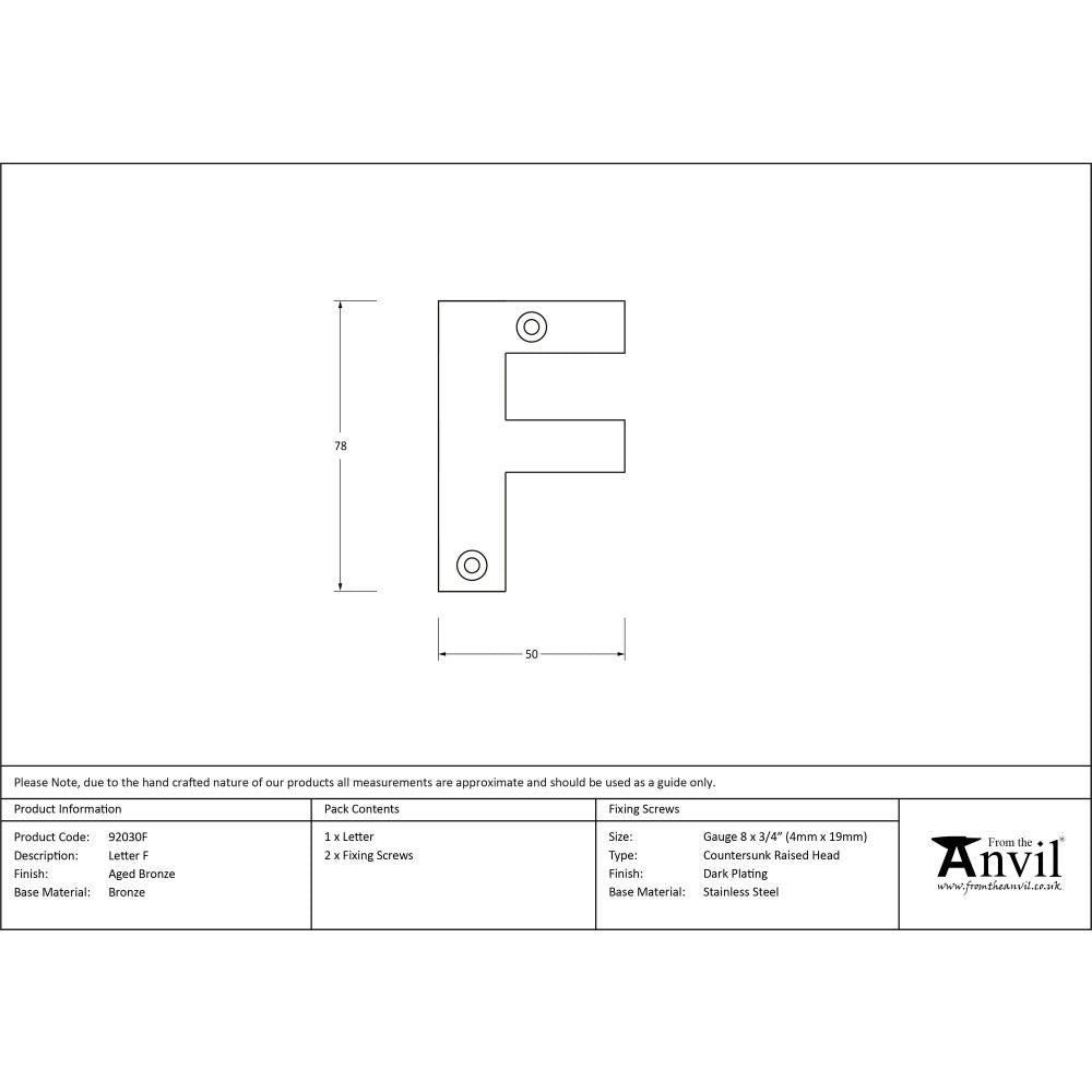 From The Anvil - Aged Bronze Letter F | Sku. 92030F | Trade Door Handles.