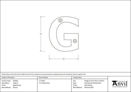 From The Anvil - Aged Bronze Letter G | Sku. 92030G | Trade Door Handles.
