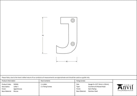 From The Anvil - Aged Bronze Letter J | Sku. 92030J | Trade Door Handles.