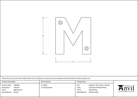 From The Anvil - Aged Bronze Letter M | Sku. 92030M | Trade Door Handles.