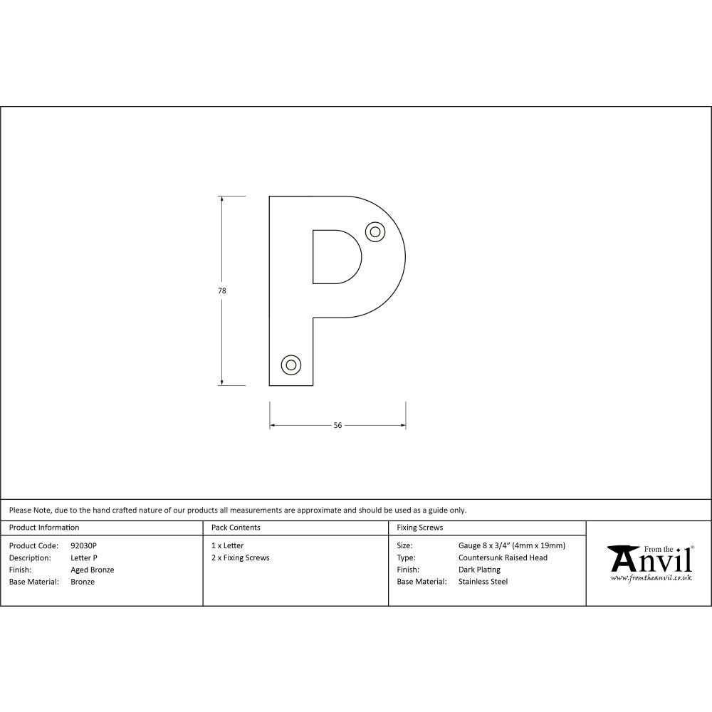 From The Anvil - Aged Bronze Letter P | Sku. 92030P | Trade Door Handles.