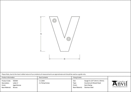 From The Anvil - Aged Bronze Letter V | Sku. 92030V | Trade Door Handles.