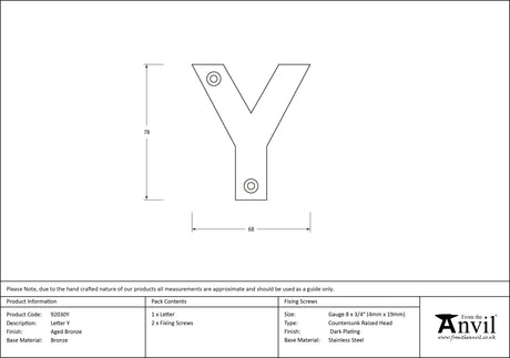 From The Anvil - Aged Bronze Letter Y | Sku. 92030Y | Trade Door Handles.