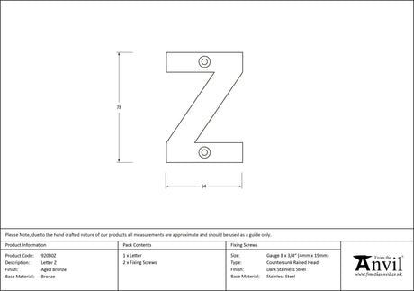 From The Anvil - Aged Bronze Letter Z | Sku. 92030Z | Trade Door Handles.