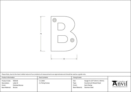 From The Anvil - Polished Bronze Letter B | Sku. 92031B | Trade Door Handles.