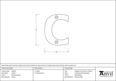 From The Anvil - Polished Bronze Letter C | Sku. 92031C | Trade Door Handles.