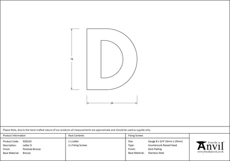 From The Anvil - Polished Bronze Letter D | Sku. 92031D | Trade Door Handles.