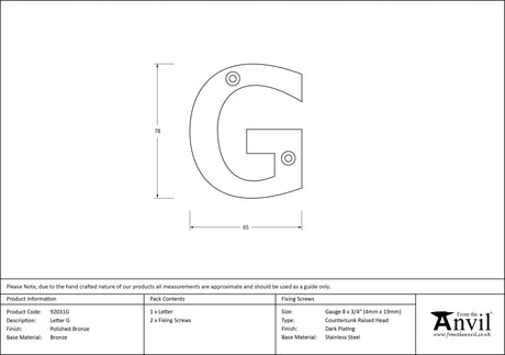 From The Anvil - Polished Bronze Letter G | Sku. 92031G | Trade Door Handles.