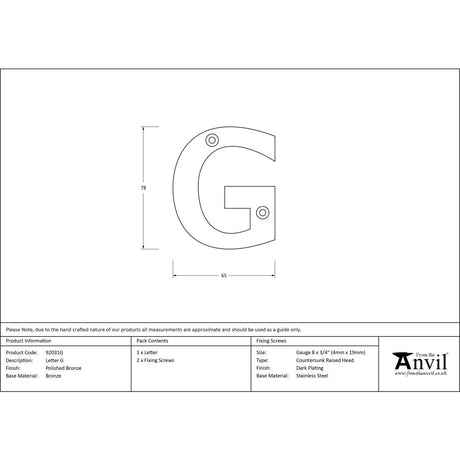 From The Anvil - Polished Bronze Letter G | Sku. 92031G | Trade Door Handles.