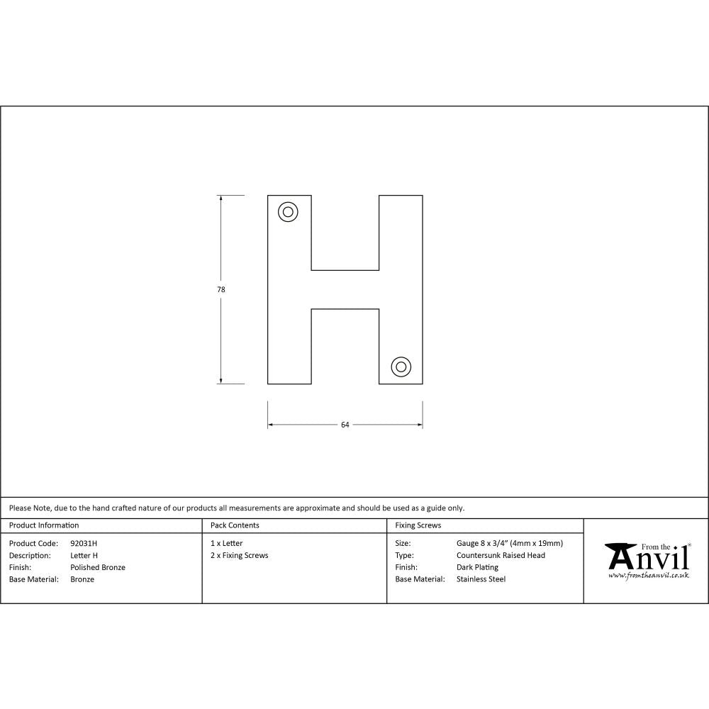 From The Anvil - Polished Bronze Letter H | Sku. 92031H | Trade Door Handles.