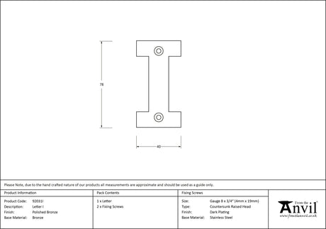 From The Anvil - Polished Bronze Letter I | Sku. 92031I | Trade Door Handles.