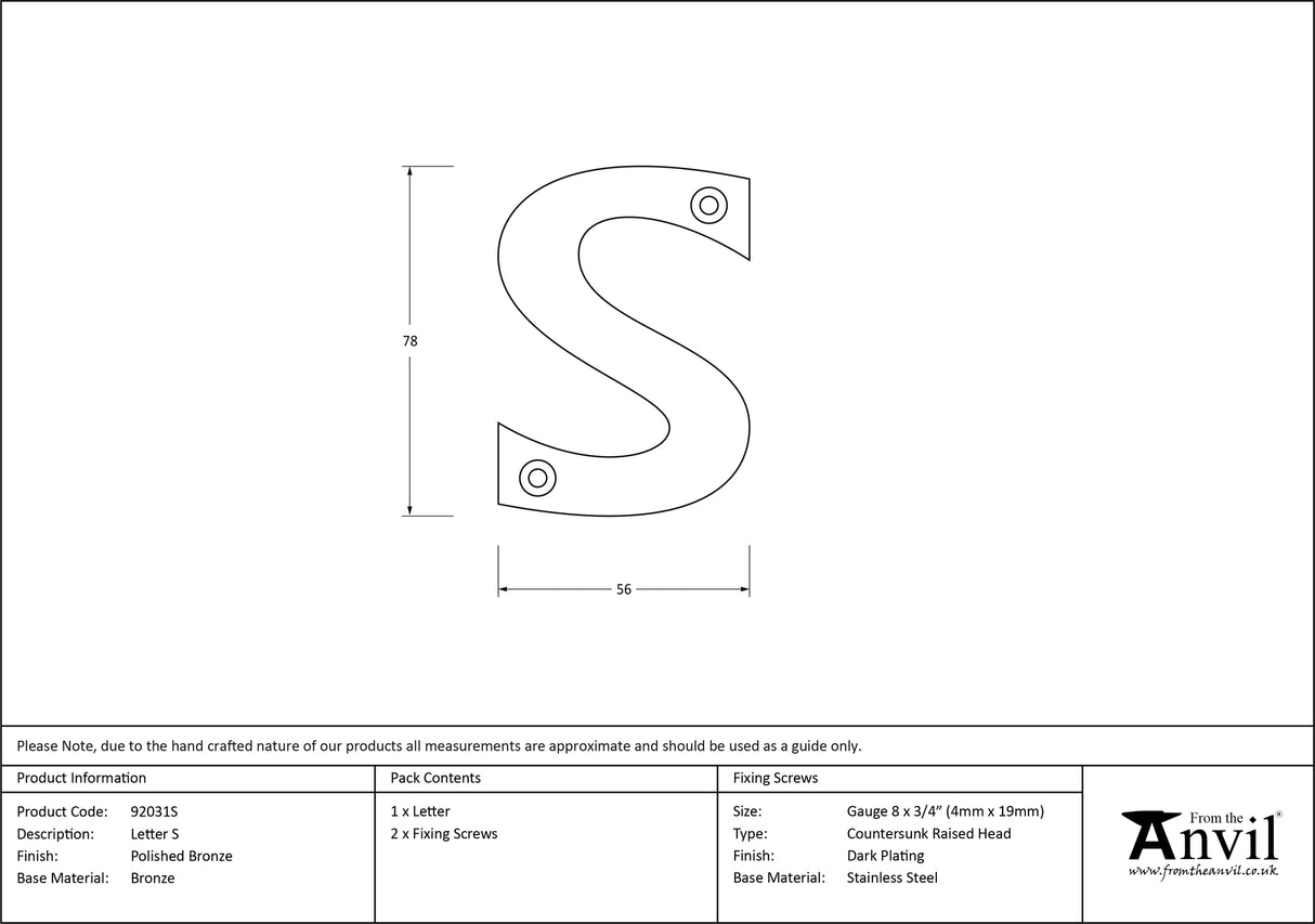 From The Anvil - Polished Bronze Letter S | Sku. 92031S | Trade Door Handles.