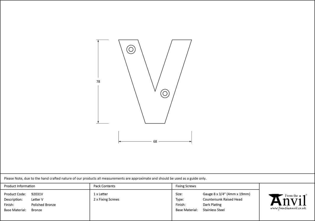 From The Anvil - Polished Bronze Letter V | Sku. 92031V | Trade Door Handles.