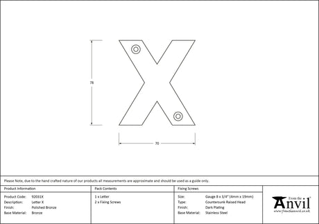 From The Anvil - Polished Bronze Letter X | Sku. 92031X | Trade Door Handles.