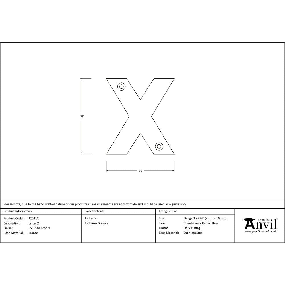 From The Anvil - Polished Bronze Letter X | Sku. 92031X | Trade Door Handles.