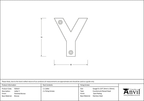 From The Anvil - Polished Bronze Letter Y | Sku. 92031Y | Trade Door Handles.