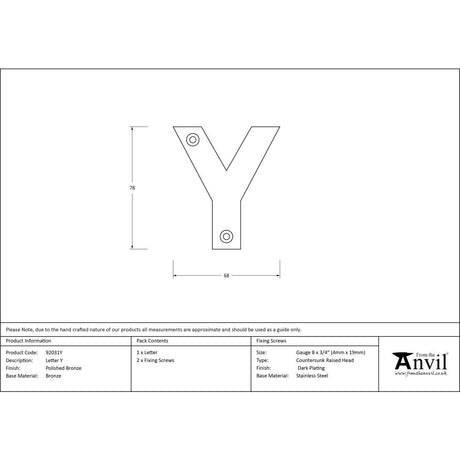 From The Anvil - Polished Bronze Letter Y | Sku. 92031Y | Trade Door Handles.