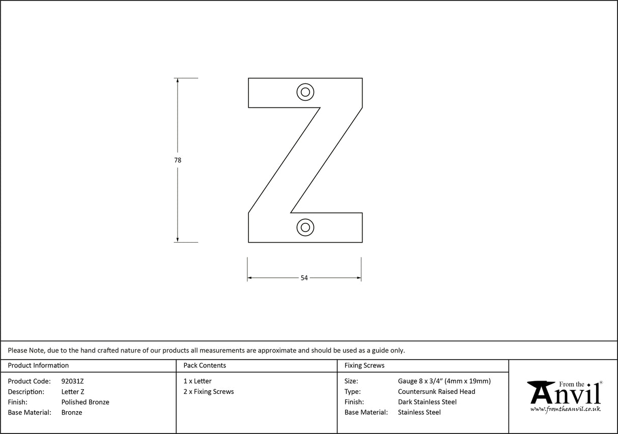 From The Anvil - Polished Bronze Letter Z | Sku. 92031Z | Trade Door Handles.