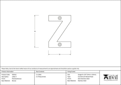 From The Anvil - Polished Bronze Letter Z | Sku. 92031Z | Trade Door Handles.
