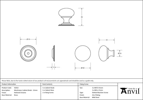 From The Anvil - Polished Chrome Mushroom Cabinet Knob 32mm | Sku. 92032 | Trade Door Handles.