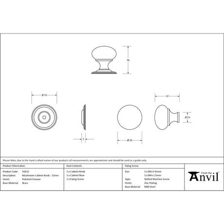 From The Anvil - Polished Chrome Mushroom Cabinet Knob 32mm | Sku. 92032 | Trade Door Handles.
