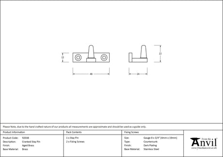 From The Anvil - Aged Brass Cranked Stay Pin | Sku. 92038 | Trade Door Handles.