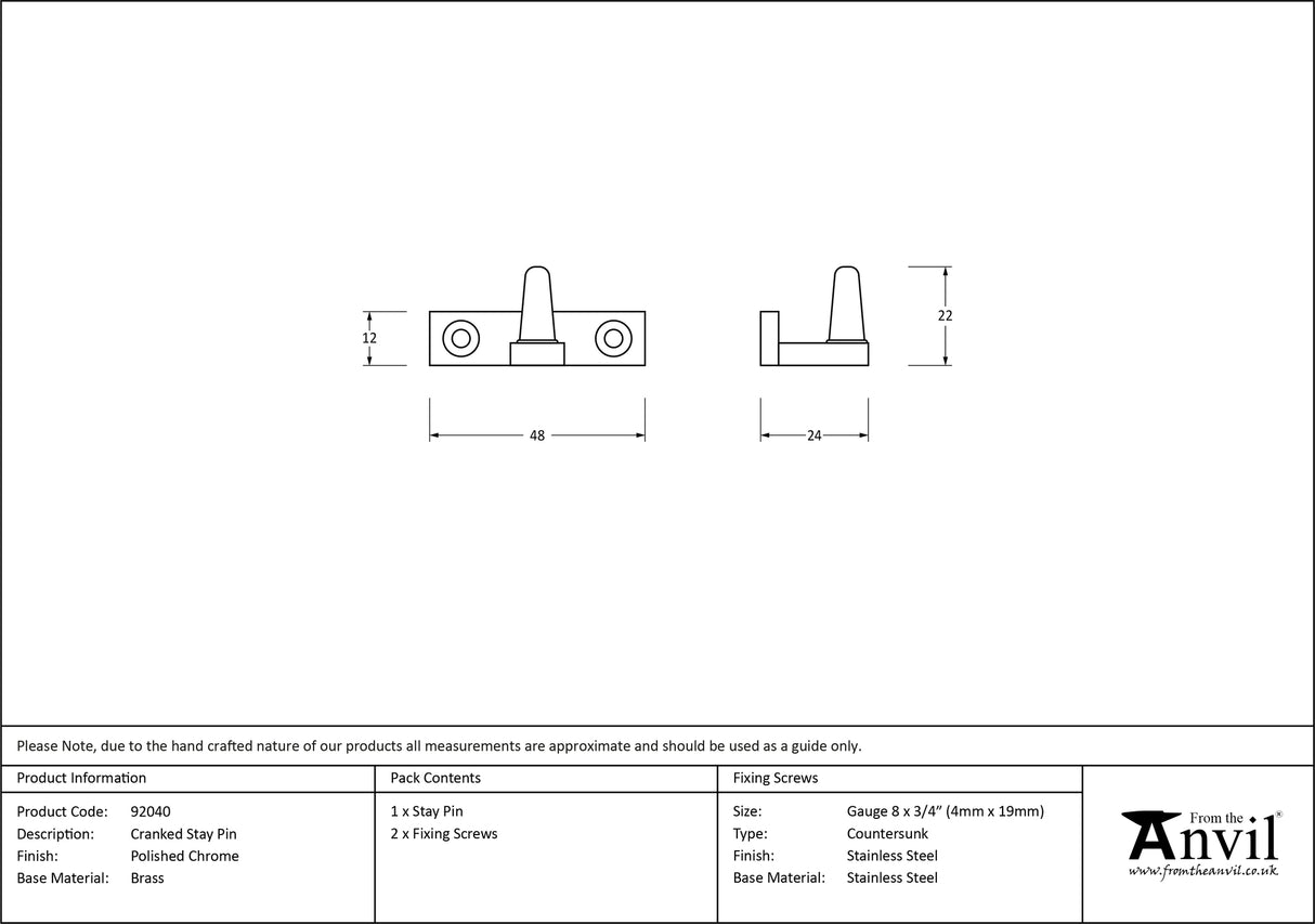 From The Anvil - Polished Chrome Cranked Stay Pin | Sku. 92040 | Trade Door Handles.