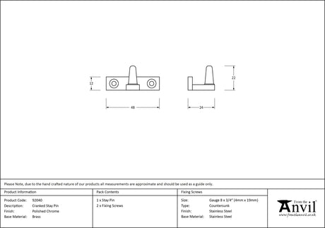 From The Anvil - Polished Chrome Cranked Stay Pin | Sku. 92040 | Trade Door Handles.