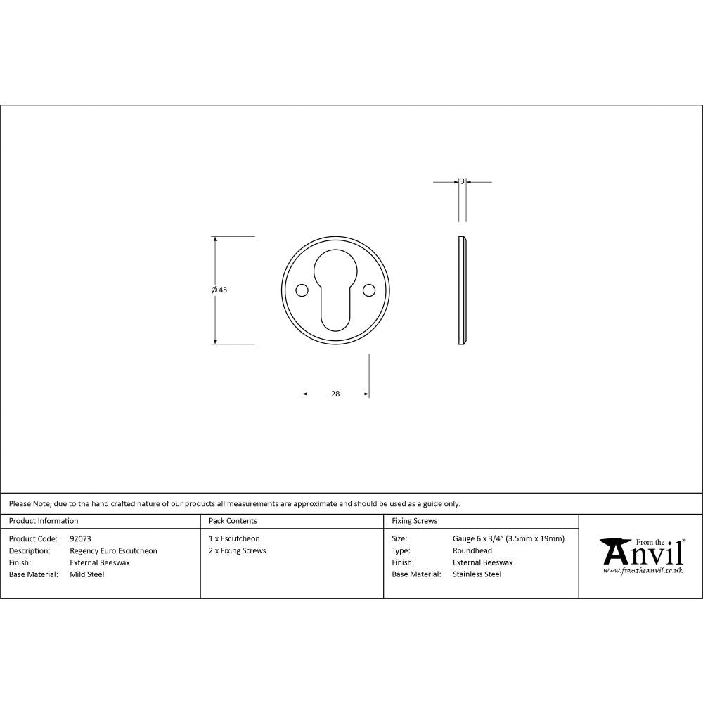 From The Anvil - External Beeswax Regency Euro Escutcheon | Sku. 92073 | Trade Door Handles.