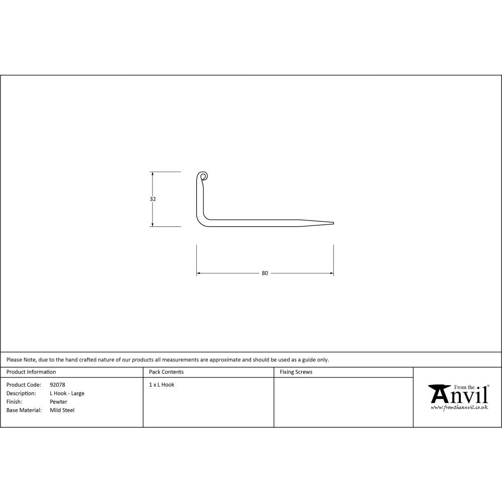 From The Anvil - Pewter L Hook - Large | Sku. 92078 | Trade Door Handles.