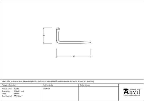 From The Anvil - Pewter L Hook - Small | Sku. 92080 | Trade Door Handles.