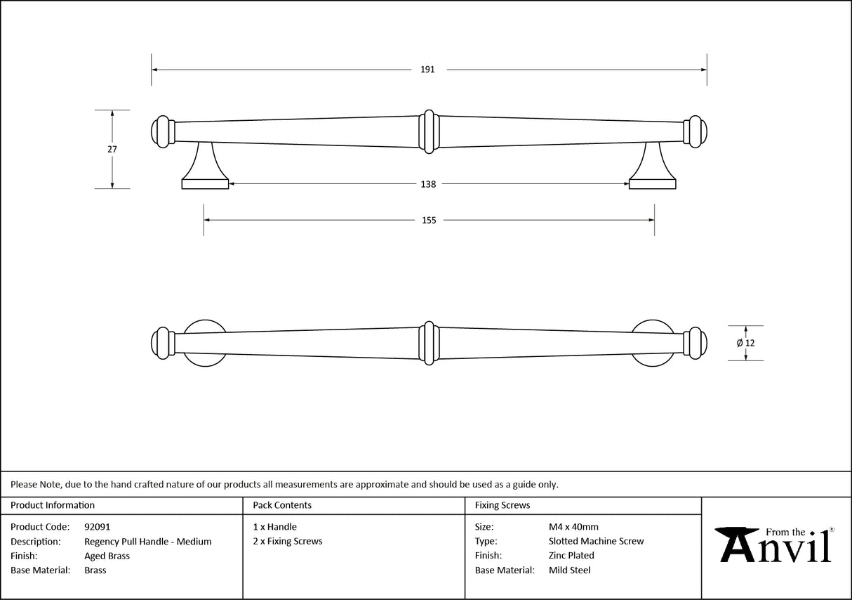 From The Anvil - Aged Brass Regency Pull Handle - Medium | Sku. 92091 | Trade Door Handles.