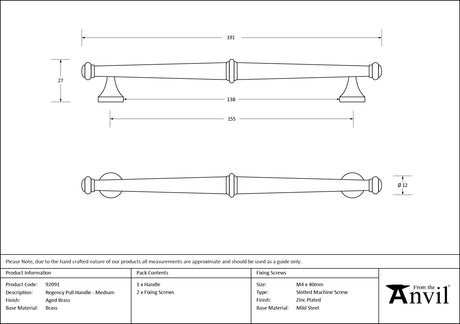 From The Anvil - Aged Brass Regency Pull Handle - Medium | Sku. 92091 | Trade Door Handles.