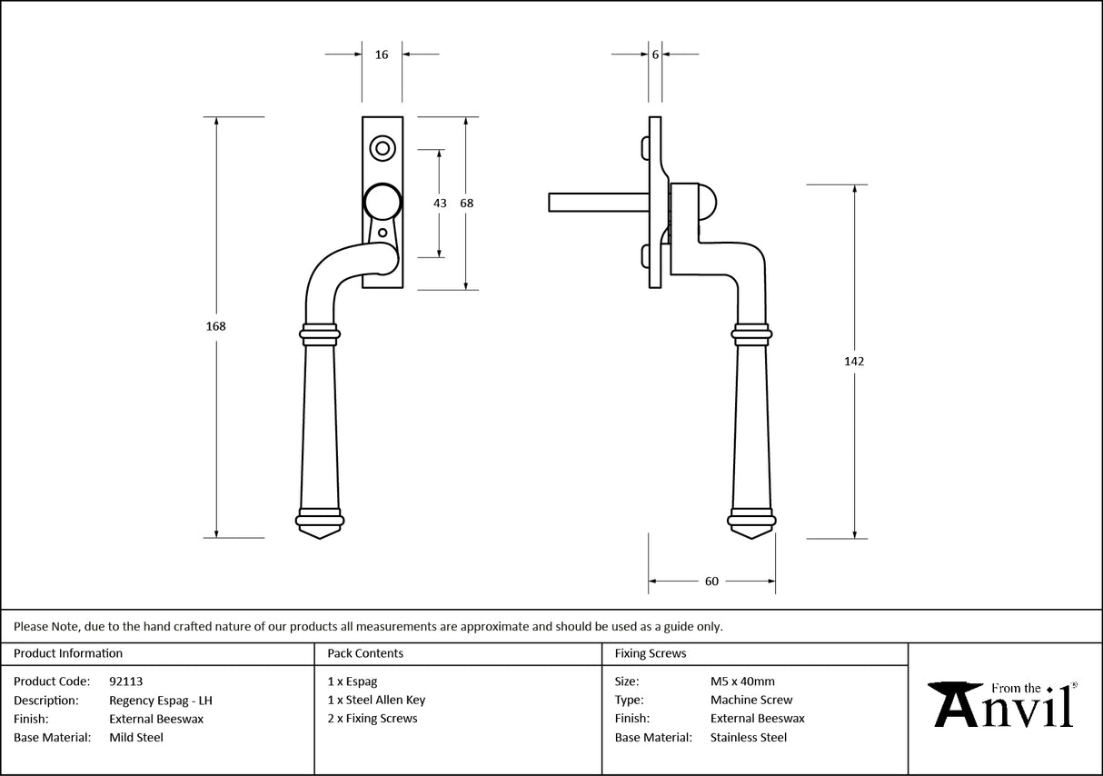 From The Anvil - External Beeswax Regency Espag - LH | Sku. 92113 | Trade Door Handles.