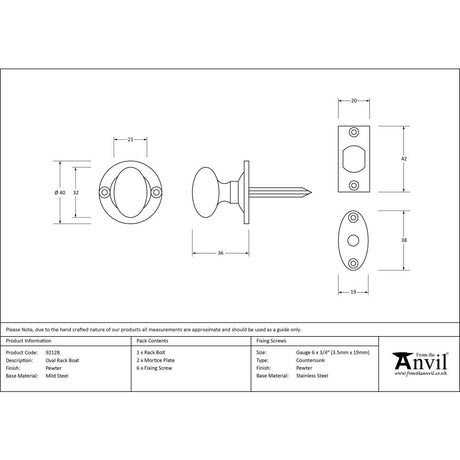 From The Anvil - Pewter Oval Rack Bolt | Sku. 92129 | Trade Door Handles.