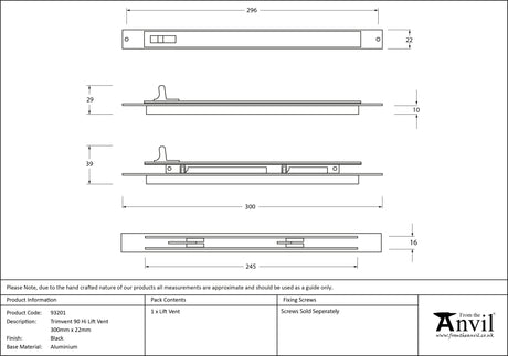 From The Anvil - Black Trimvent 90 Hi Lift Vent 300mm x 22mm | Sku. 93201 | Trade Door Handles.