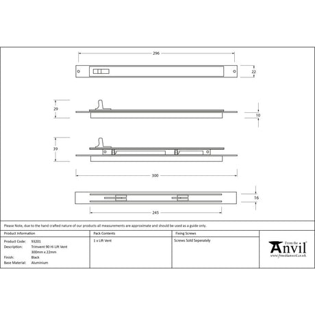 From The Anvil - Black Trimvent 90 Hi Lift Vent 300mm x 22mm | Sku. 93201 | Trade Door Handles.