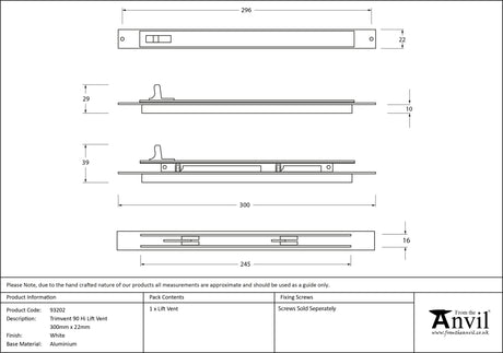 From The Anvil - White Trimvent 90 Hi Lift Vent 300mm x 22mm | Sku. 93202 | Trade Door Handles.