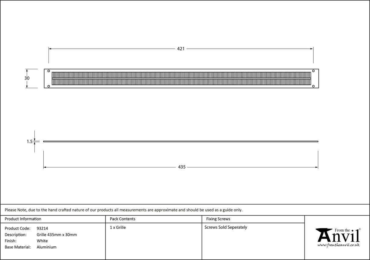From The Anvil - White Grille 435mm x 30mm | Sku. 93214 | Trade Door Handles.