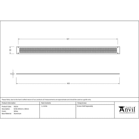 From The Anvil - White Grille 435mm x 30mm | Sku. 93214 | Trade Door Handles.