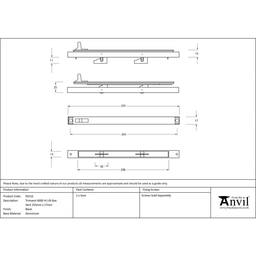 From The Anvil - Black Trimvent 4000 Hi Lift Box Vent 255mm x 17mm | Sku. 93216 | Trade Door Handles.