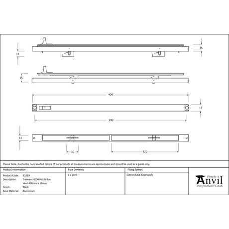 From The Anvil - Black Trimvent 4000 Hi Lift Box Vent 400mm x 17mm | Sku. 93219 | Trade Door Handles.