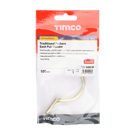 This is an image of Timco - Traditional Pattern Sash Pull Handle - Polished Brass 100mm (1 Each TIMpac) 949014P