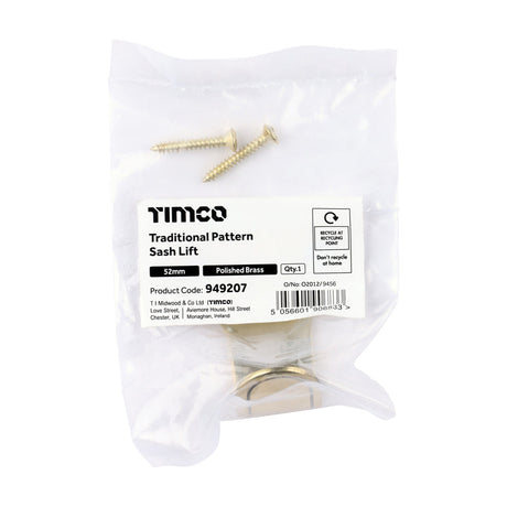 This is an image of Timco - Traditional Pattern Sash Lift - Polished Brass 52mm (1 Each Bag) 949207
