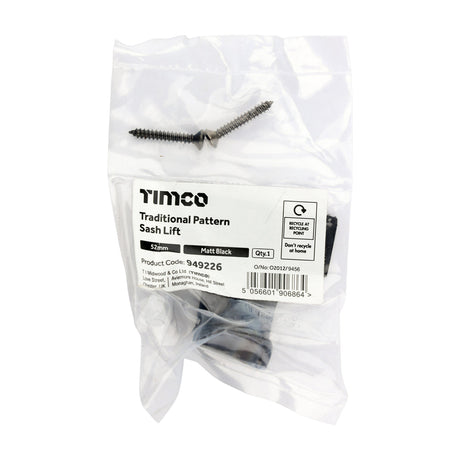 This is an image of Timco - Traditional Pattern Sash Lift - Matt Black 52mm (1 Each Bag) 949226