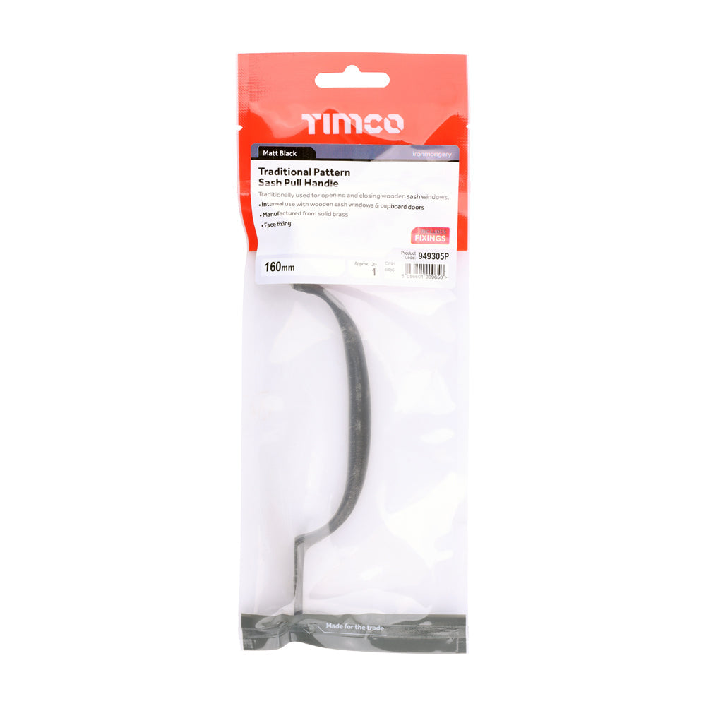 This is an image of Timco - Traditional Pattern Sash Pull Handle - Matt Black 160mm (1 Each TIMpac) 949305P