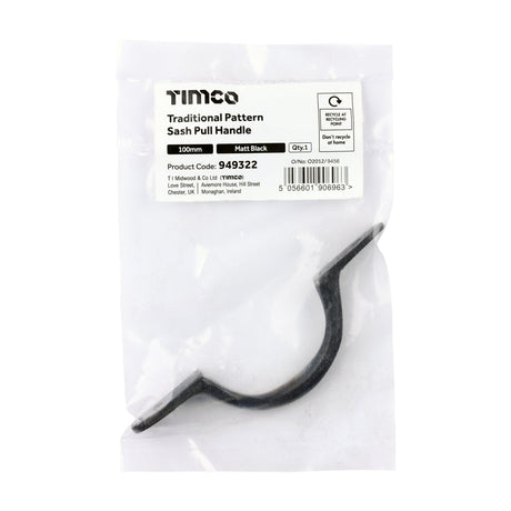 This is an image of Timco - Traditional Pattern Sash Pull Handle - Matt Black 100mm (1 Each Bag) 949322