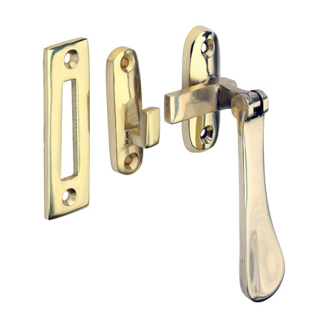 This is an image of Timco - Hook & Mortice Plate Casement Fastener - Polished Brass 54 x 19 (1 Each TIMpac) 949411P